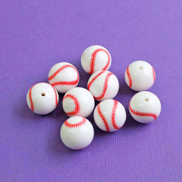 Perles Acryliques Rondes 20mm - Baseball Rouge et Blanc - 10 Perles - K038