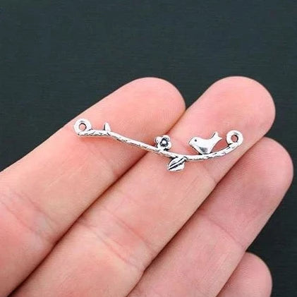 10 Bird on Flower Vine Connector Antique Silver Tone Charms - SC045