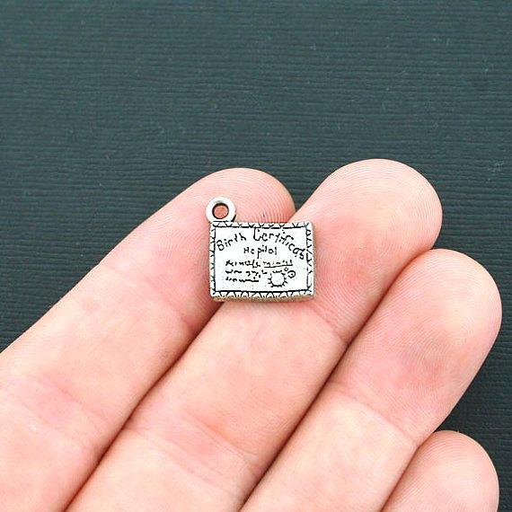 10 Birth Certificate Antique Silver Tone Charms - SC4224