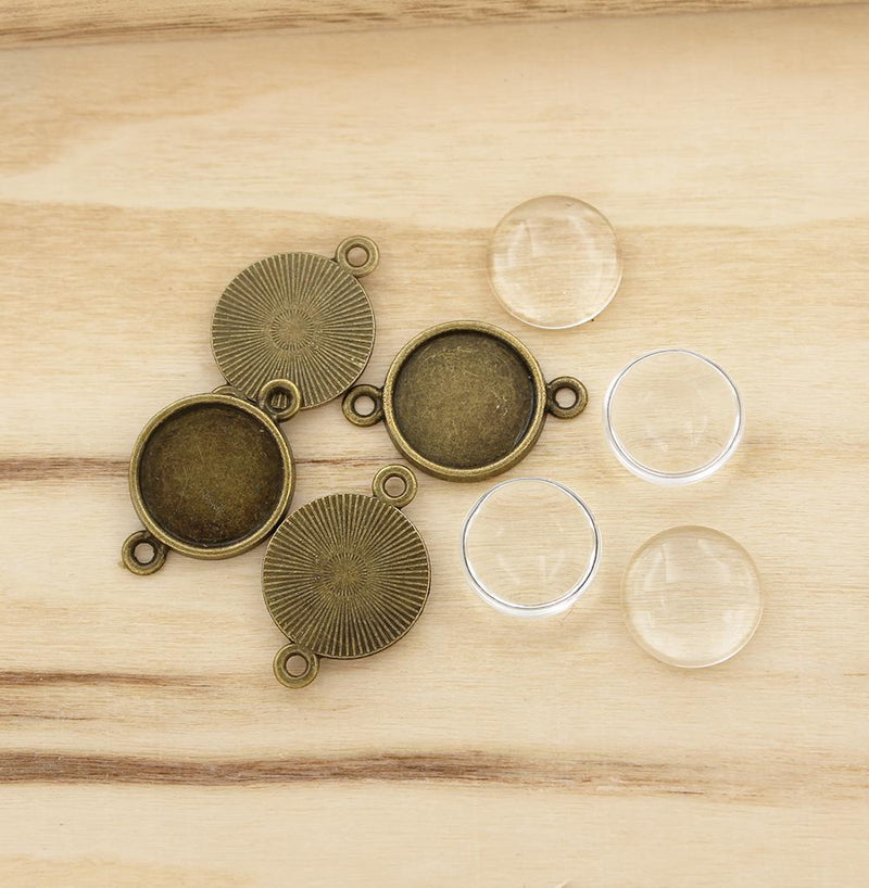 Antique Bronze Tone Cabochon Connectors - 14mm Tray - with Glass Dome Seals - 10 Sets 20 Pieces - Z835