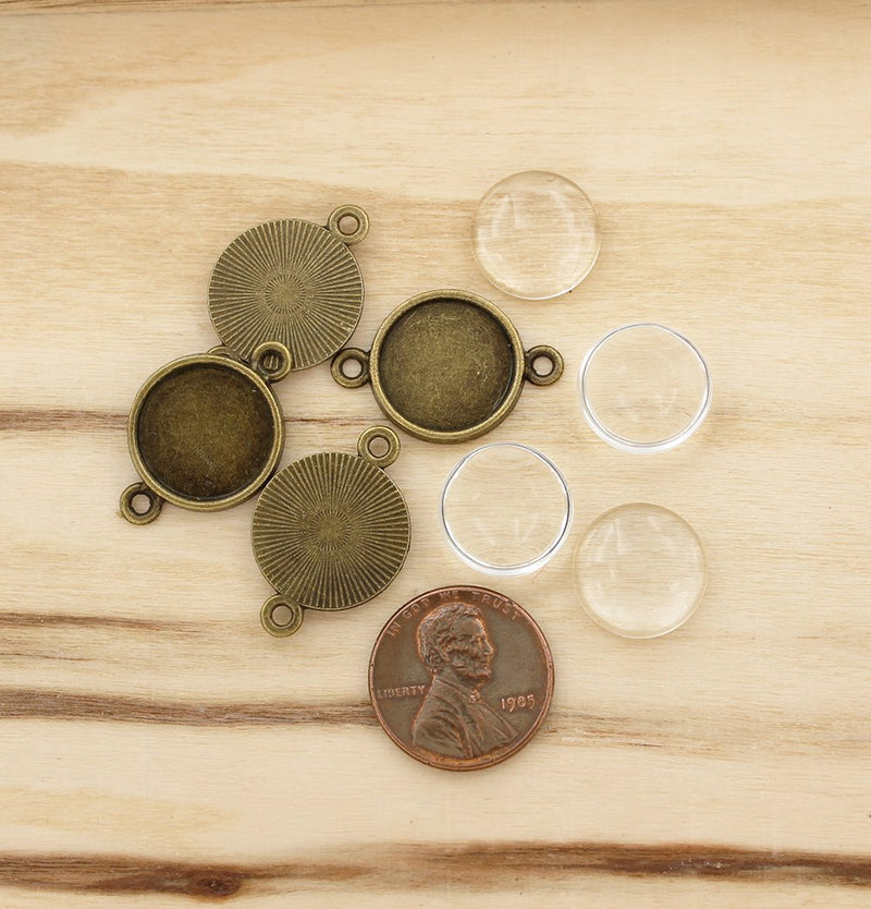 Antique Bronze Tone Cabochon Connectors - 14mm Tray - with Glass Dome Seals - 10 Sets 20 Pieces - Z835