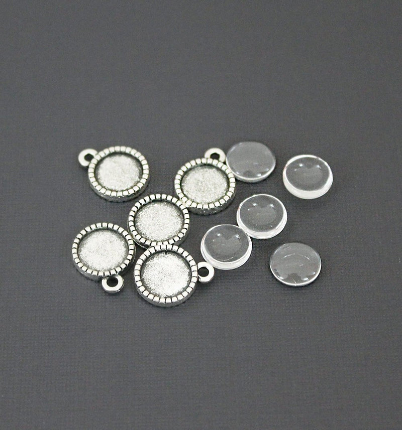 Antique Silver Tone Cabochon Settings - 10mm Tray - with Glass Dome Seals - 10 Sets 20 Pieces - Z283
