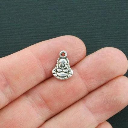 10 Buddha Antique Silver Tone Charms 2 Sided - SC4453