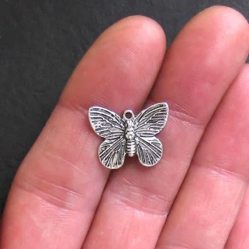 10 breloques argentées antiques papillon 2 faces - SC318
