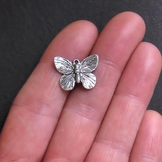 10 Butterfly Antique Silver Tone Charms 2 Sided - SC318