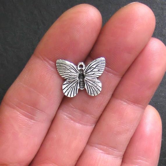 10 Butterfly Antique Silver Tone Charms 2 Sided - SC318