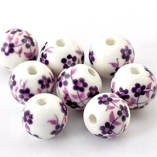 Perles Rondes en Céramique 12mm - Floral Violet et Blanc - 10 Perles - BD151