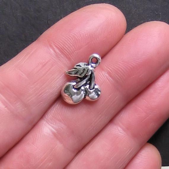 10 Cherry Charms Antique Silver Tone 2 Sided - SC090