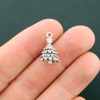 10 Christmas Tree Antique Silver Tone Charms 3D - XC051