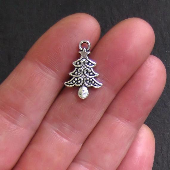 10 Christmas Tree Antique Silver Tone Charms - XC019