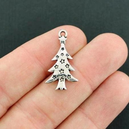 10 Christmas Tree Antique Silver Tone Charms - XC083