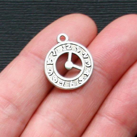 10 Clock Antique Silver Tone Charms 2 Sided - SC1500