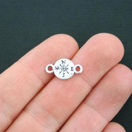 10 Compass Connector Antique Silver Tone Charms - SC4352