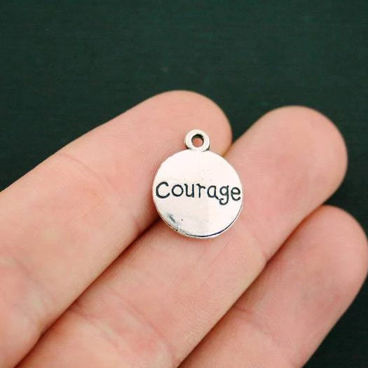 10 Courage Antique Silver Tone Charms 2 Sided - SC554