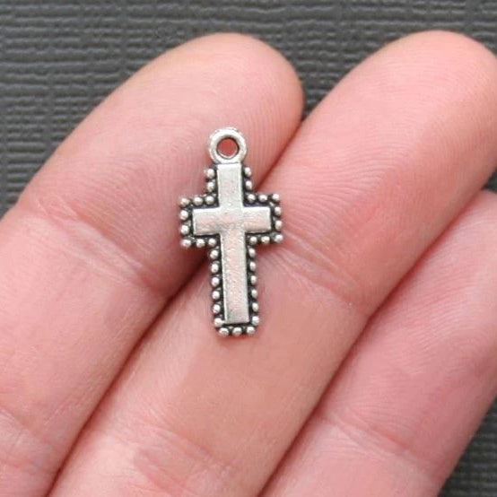 10 Cross Antique Silver Tone Charms 2 Sided - SC834