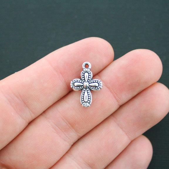 10 Cross Antique Silver Tone Charms 2 Sided - SC4330