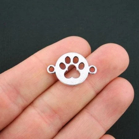 10 Dog Paw Connector Antique Silver Tone Charms 2 Sided - SC1107