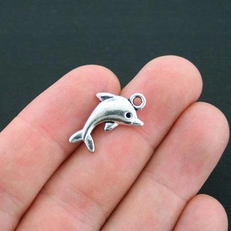 10 Dolphin Antique Silver Tone Charms 2 Sided - SC4313