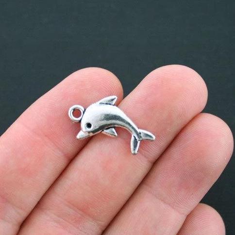 10 Dolphin Antique Silver Tone Charms 2 Sided - SC4313
