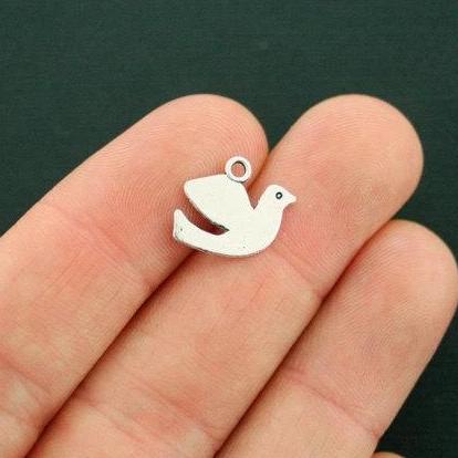 10 Dove Antique Silver Tone Charms 2 Sided - SC6784