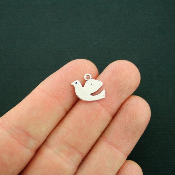 10 Dove Antique Silver Tone Charms 2 Sided - SC6784