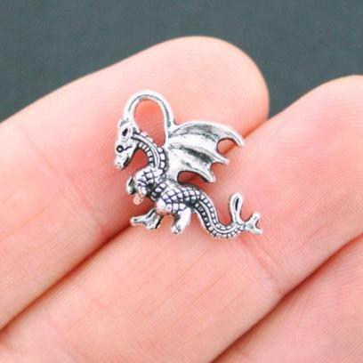 10 Dragon Antique Silver Tone Charms 2 Sided - SC5078