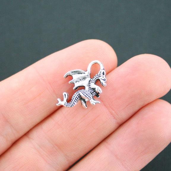 10 Dragon Antique Silver Tone Charms 2 Sided - SC5078