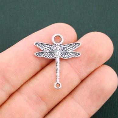 10 Dragonfly Connector Antique Silver Tone Charms 2 Sided - SC5662