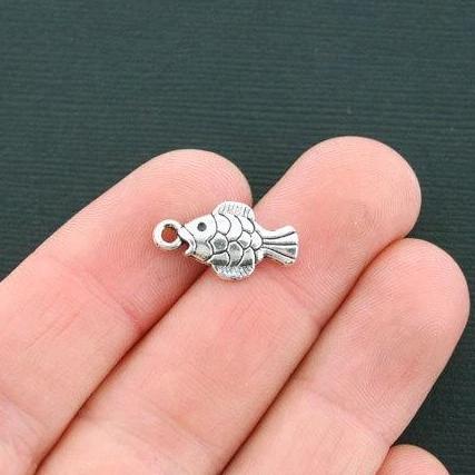 10 Fish Antique Silver Tone Charms 2 Sided - SC4493