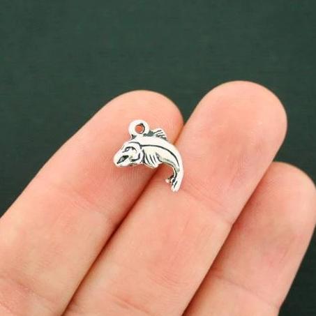 10 Fish Antique Silver Tone Charms 2 Sided - SC7265