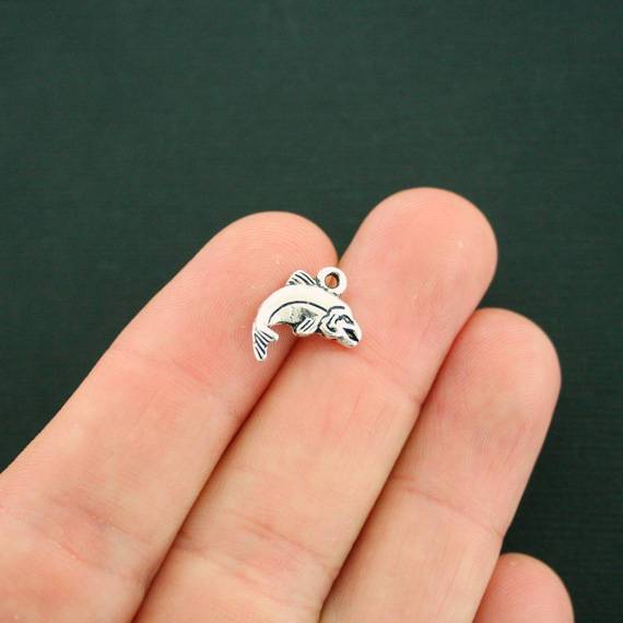 10 Fish Antique Silver Tone Charms 2 Sided - SC7265