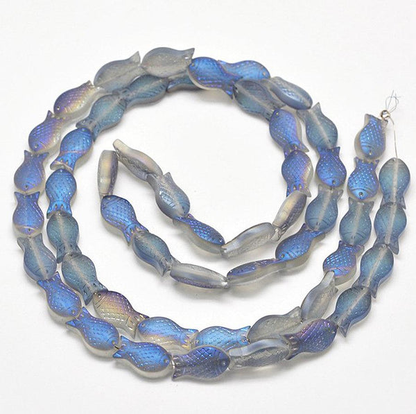 Perles de Verre Poisson 15mm x 8mm x 5mm - Bleu Galvanisé - 10 Perles - BD1030