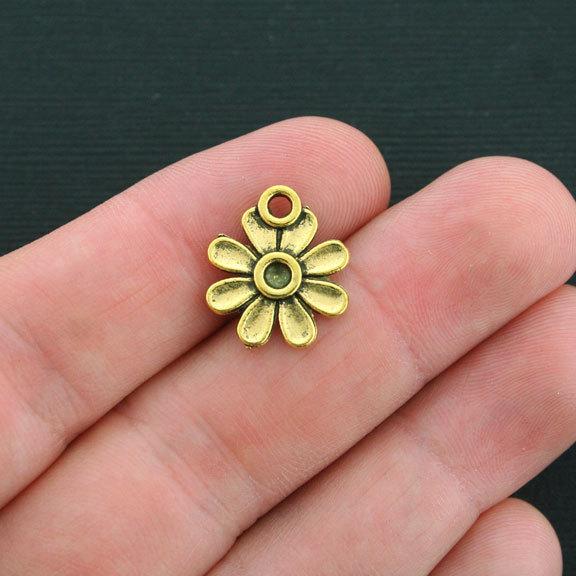 10 Flower Antique Gold Tone Charms 2 Sided - GC384
