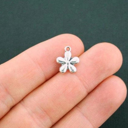 10 Flower Antique Silver Tone Charms 2 Sided - SC1700