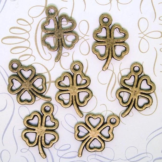 10 Four Leaf Clover Antique Bronze Tone Charms 2 Sided - BC196