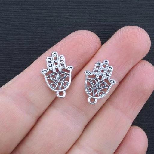 10 Hamsa Hand Antique Silver Tone Charms 2 Sided - SC3301