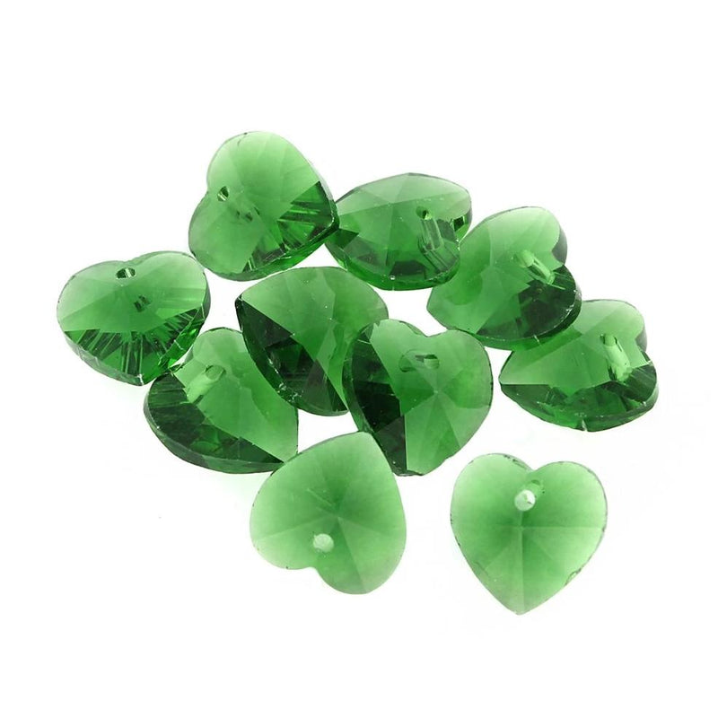 Heart Glass Beads 14mm - Emerald Green - 10 Beads - BD1506