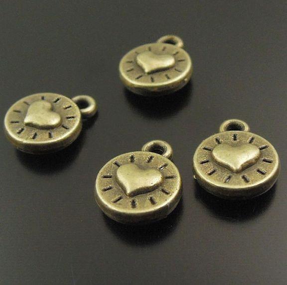 10 Heart Antique Bronze Tone Charms 2 Sided - BC675