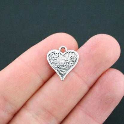 10 Heart Antique Silver Tone Charms 2 Sided - SC3028