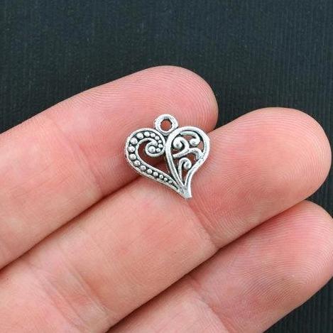 10 Heart Antique Silver Tone Charms 2 Sided - SC3487