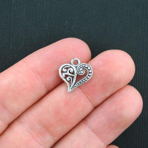 10 Heart Antique Silver Tone Charms 2 Sided - SC3487