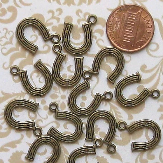 10 Horseshoe Antique Bronze Tone Charms 2 Sided - BC299