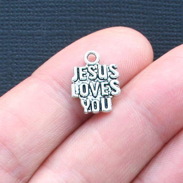 10 Jesus Loves You Antique Silver Tone Charms - SC3167
