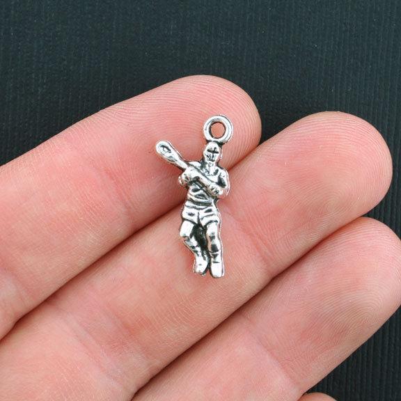 10 Lacrosse Player Antique Silver Tone Charms 2 Sided - SC3749