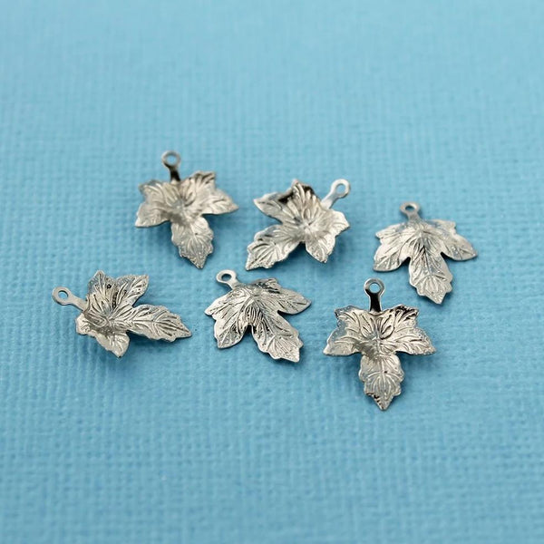 10 Maple Leaf Silver Tone Stainless Steel Charms 2 Sided - MT487