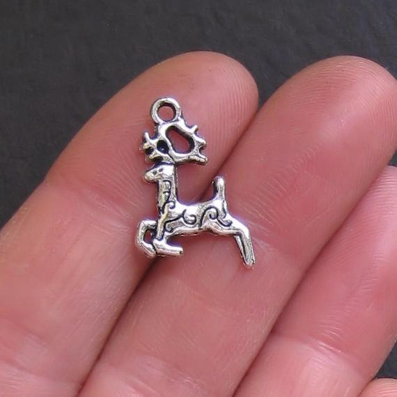 10 Leaping Reindeer Antique Silver Tone Charms 2 Sided - XC035