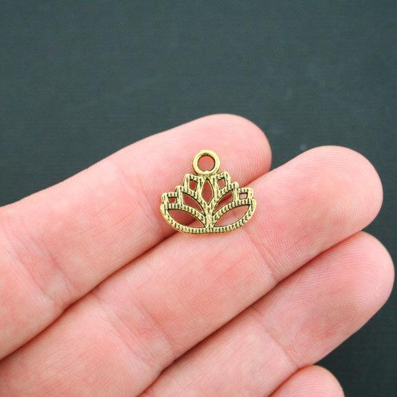 10 Lotus Antique Gold Tone Charms 2 Sided - GC509
