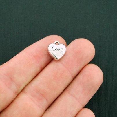 10 Love Heart Antique Silver Tone Charms 2 Sided - SC5786