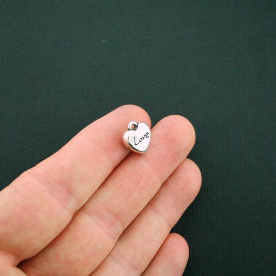 10 Love Heart Antique Silver Tone Charms 2 Sided - SC5786