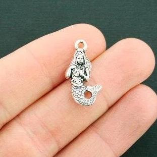 10 Mermaid Antique Silver Tone Charms 2 Sided - SC6467